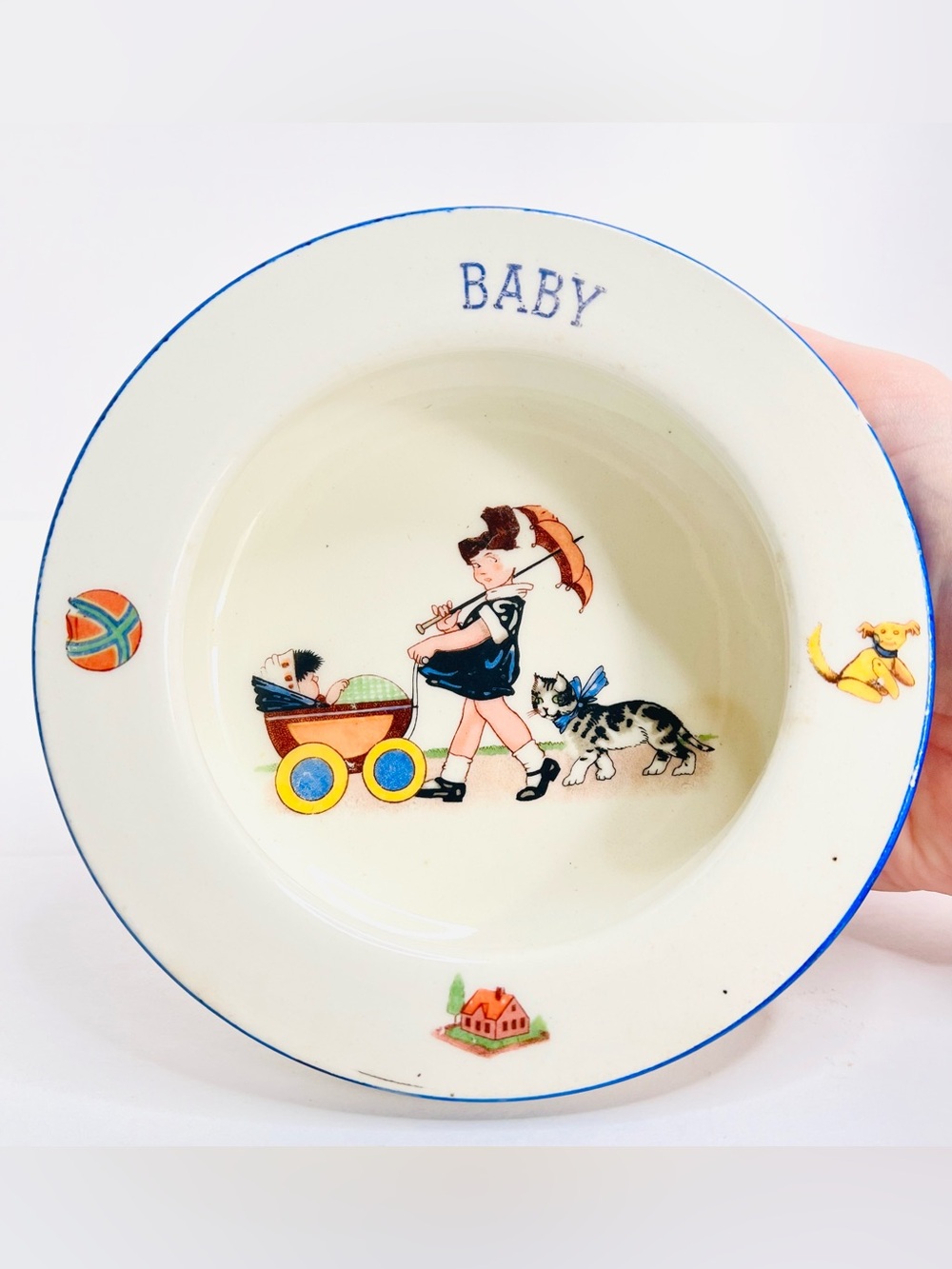 Vintage Czechoslovakia Baby Bowl Nursery Child Cat Pram Porcelain 5.5”